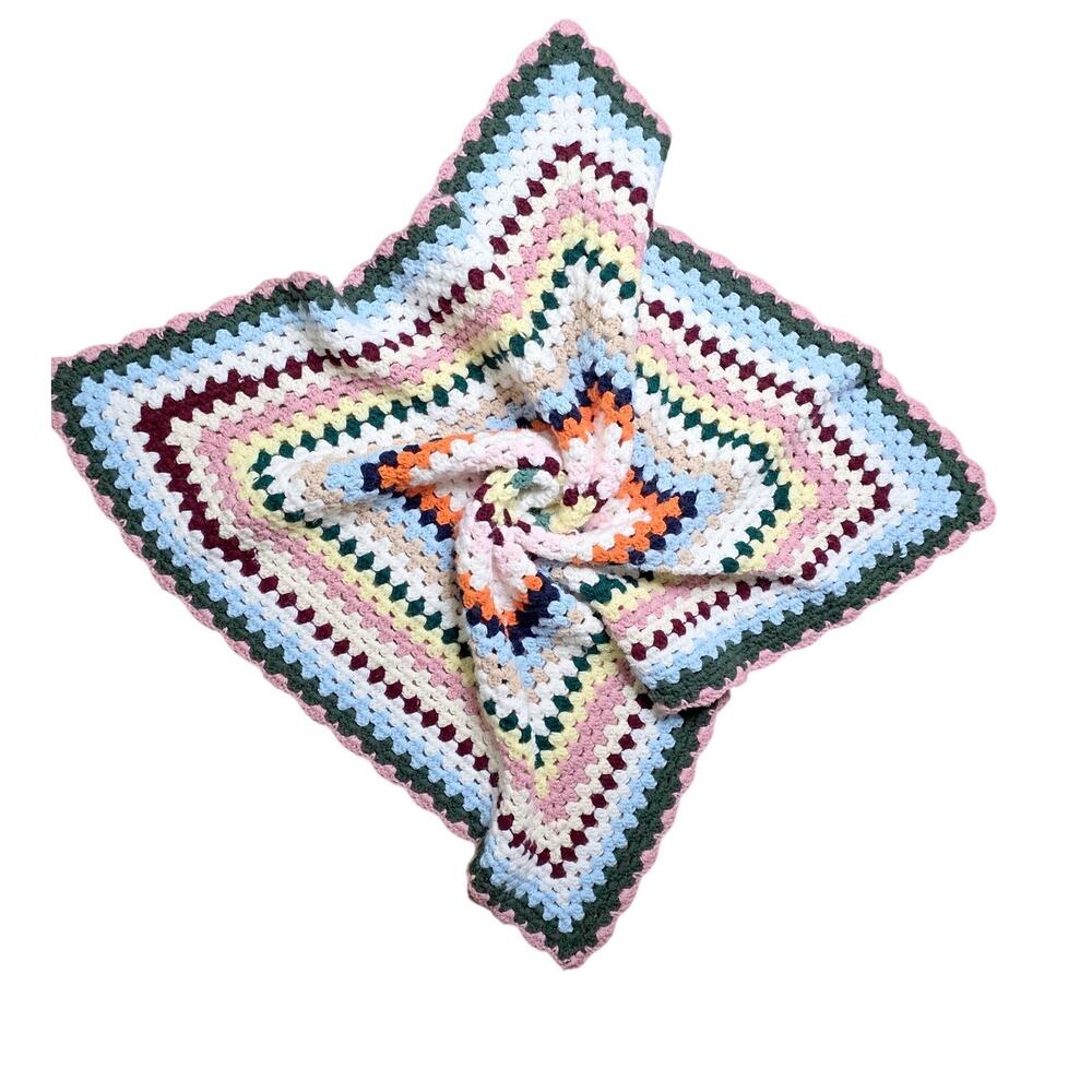 Vintage Handmade Crochet Continuous Shrinking Rectangle Baby Blanket Afghan
